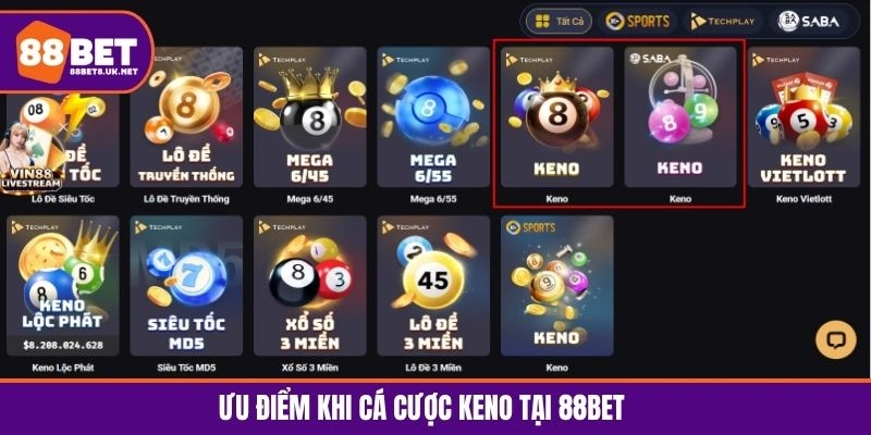 Ưu điểm khi cá cược Keno tại 88BET